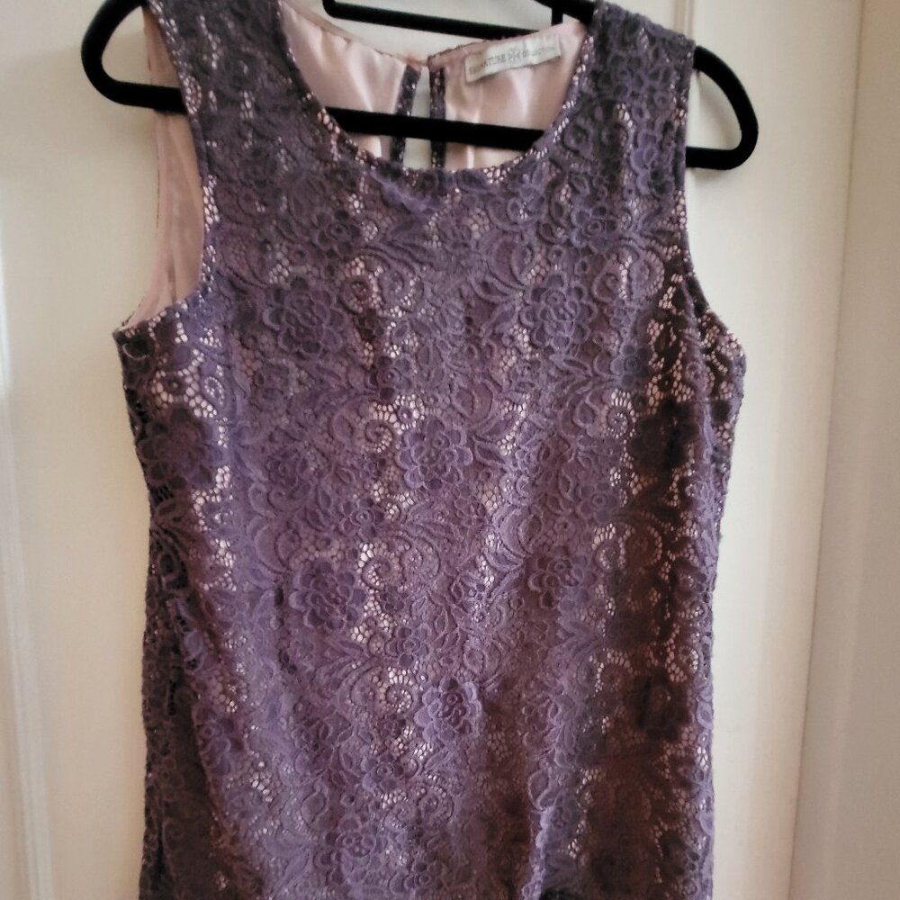Signature Collection Purple Floral Lace Tunic Tank Top with Pink Lining - Size L